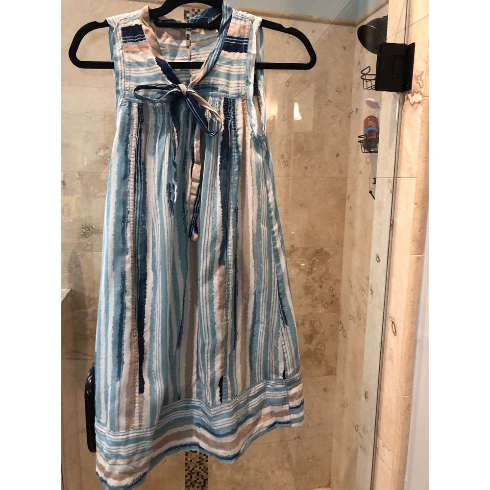 Marc by Marc Jacobs Blue Tan Striped Cotton Poplin Tie Neck Shift Dress XS